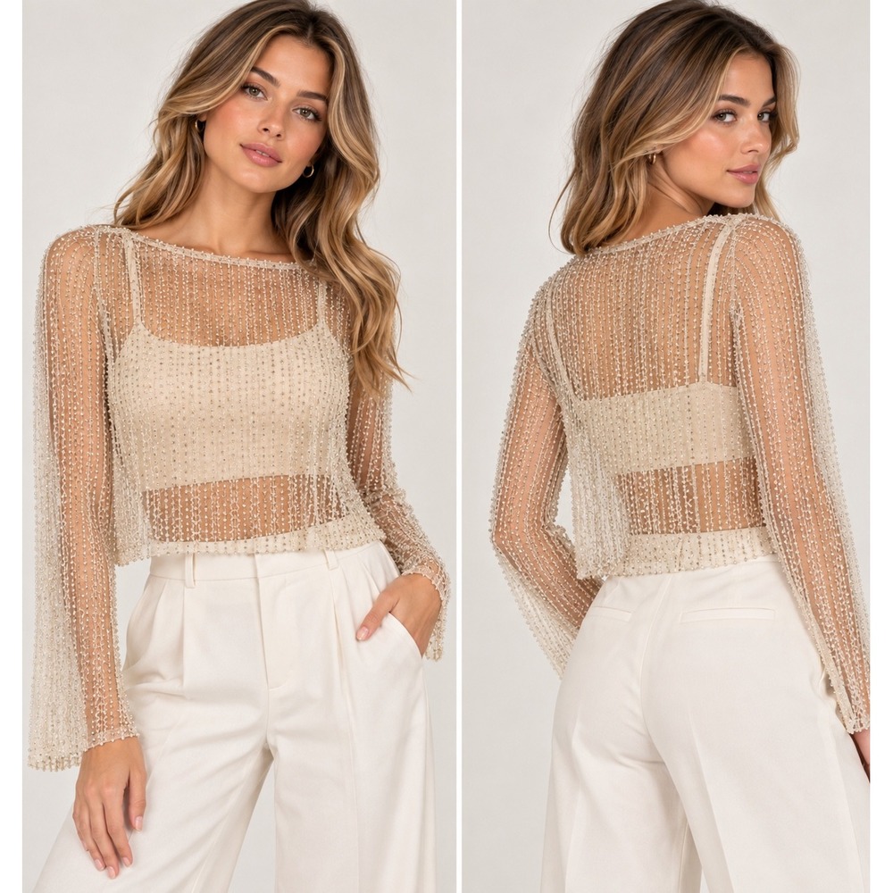 Altar'd State Cream Pearl Embellished Mesh Top and Cami Set XL NEW